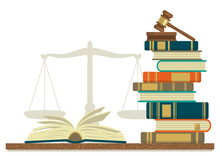 Law Studies. Stack Of Books With Glasses, Open Book And Judge Gavel On White Background.