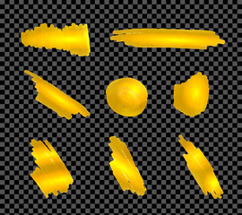 Wall Mural - Vector Golden Paint Brush Strokes on Transparent Background, Shining Smears.