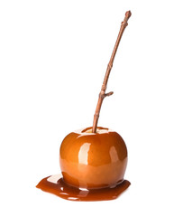 Delicious caramel apple with tree branch on white background