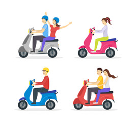 Wall Mural - Cartoon Characters Group of People Riding Motorcycle Set. Vector