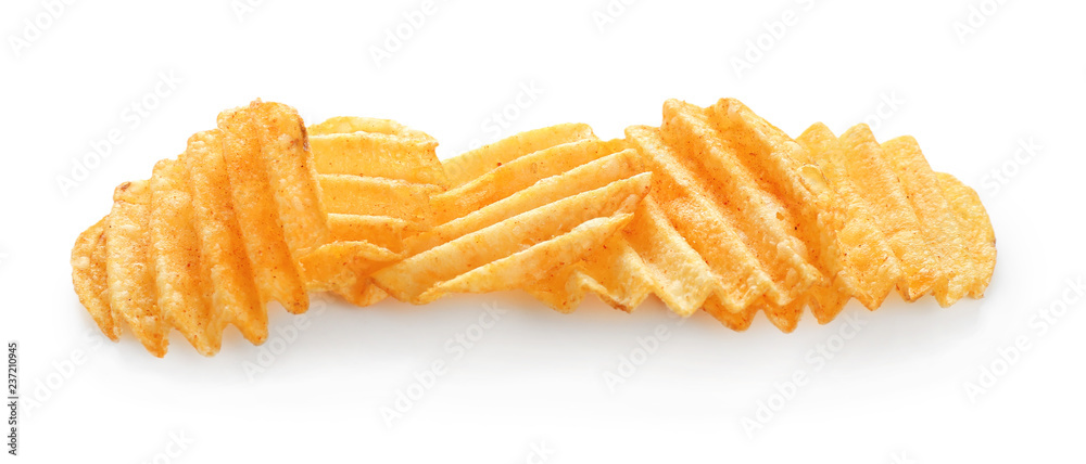 Tasty potato chips on white background