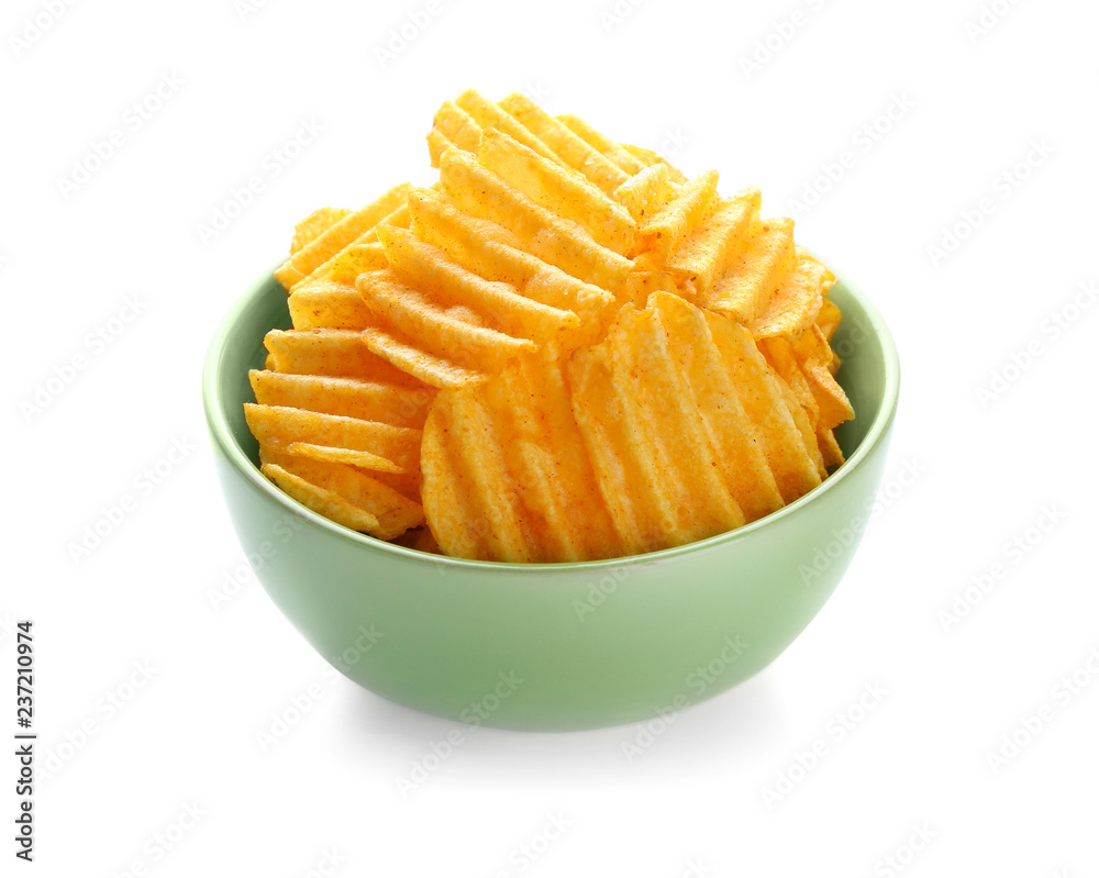 Bowl with tasty potato chips on white background