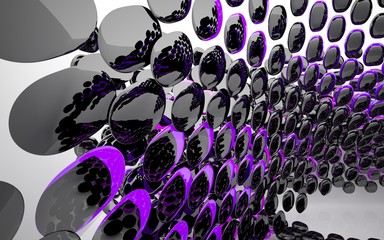 Abstract dynamic interior with black and violet smooth objects . 3D illustration and rendering