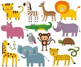 Fototapeta Pokój dzieciecy - African jungle animals set (elephant, lion, croco, monkey and more)