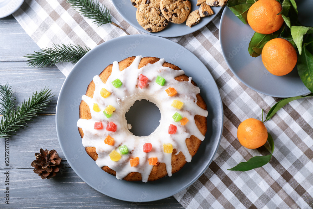 Beautiful tasty Christmas pie on table