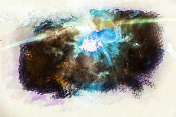 Wall Mural - Stylized by watercolor sketch painting on a textured paper of space background with nebula and stars. The elements of this image furnished by NASA.