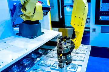 Poster - Robot. Robotic arm. Production without a person. Automation of production. Robotics. Modern production.