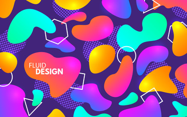 Wall Mural - Color shapes. Plastic and geometric elements. Colorful gradients on cool backdrop. Modern design template. Liquid poster and fluid shapes. Abstract background for website. Vector illustration