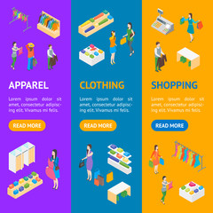 Poster - Clothing Store Interior with Furniture Banner Vecrtical Set Isometric View. Vector