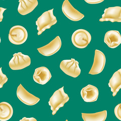 Poster - Realistic Detailed 3d Different Types Dumplings Seamless Pattern Background. Vector