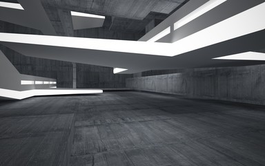  Empty dark abstract concrete room interior with white sculpture. Architectural background. Night view of the illuminated. 3D illustration and rendering