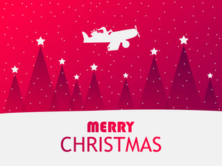 Wall Mural - Santa Claus is flying in an airplane over a winter landscape with Christmas trees. Greeting card with falling snow. Red gradient. Vector illustration