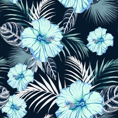 seamless fashionable abstract graphical hand drawing blue hibiscus flowers and exotic leaves, print 