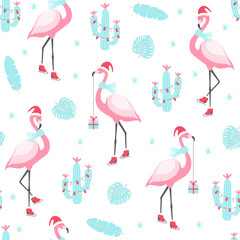 Wall Mural - christmas pattern with cute flamingo on skates.