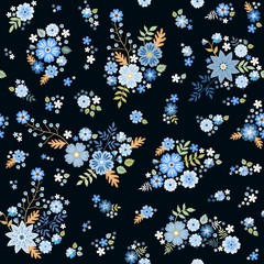 Wall Mural - Cute ditsy seamless floral pattern with groups of blue flowers on black background. Fashion design. Print for fabric. Vector illustration.