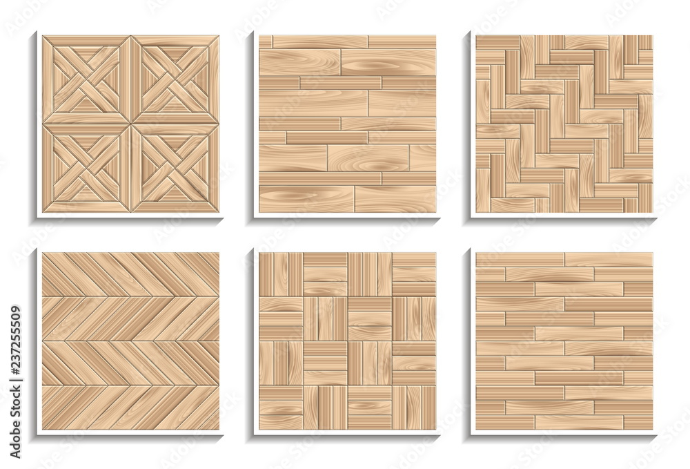 Set of seamless parquet textures. 3D patterns of wood materials - obrazy, fototapety, plakaty 