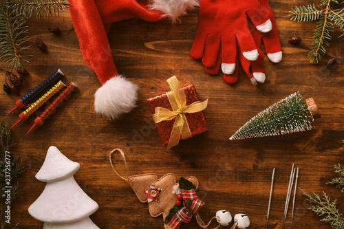Fotografie, Obraz Nostalgic Christmas decoration flat lay arrangement