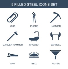 Poster - steel icons. Set of 9 filled steel icons included clip, pliers, hammer, garden hammer, shower, barbell on white background. Editable steel icons for web, mobile and infographics.