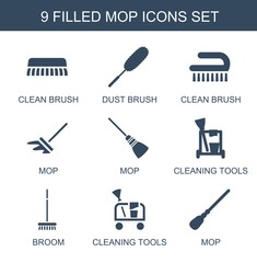 Wall Mural - mop icons. Set of 9 filled mop icons included clean brush, dust brush, cleaning tools, broom on white background. Editable mop icons for web, mobile and infographics.