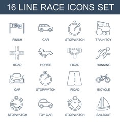 Wall Mural - race icons. Set of 16 line race icons included finish, car, stopwatch, train toy, road, horse, running on white background. Editable race icons for web, mobile and infographics.