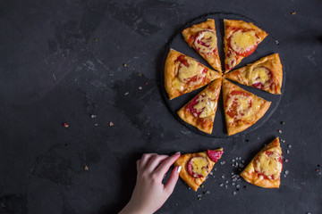 Wall Mural - pizza, dough, ingredients, pepperoni, cheese, toatny sauce (cooking process). Top view with copy space