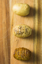 Raw Potato, Prepared Raw Potato And Cooked Hasselback Potato