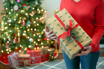 Wall Mural - Woman Standing in Front of a Christmas Tree Holding a Present