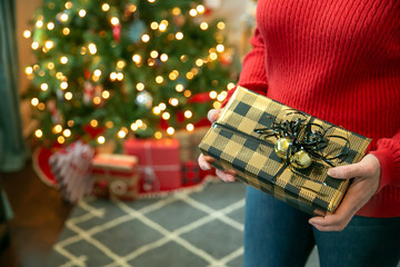 Wall Mural - Woman Standing in Front of a Christmas Tree Holding a Present