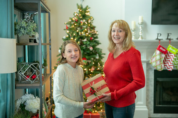 Wall Mural - Mother and Daughter Christmas Gift In Front of Tree