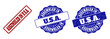 ASSEMBLED IN U.S.A. grunge stamp seals in red and blue colors. Vector ASSEMBLED IN U.S.A. labels with scratced texture. Graphic elements are rounded rectangles, rosettes, circles and text titles.