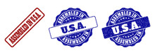 ASSEMBLED IN U.S.A. Grunge Stamp Seals In Red And Blue Colors. Vector ASSEMBLED IN U.S.A. Labels With Scratced Texture. Graphic Elements Are Rounded Rectangles, Rosettes, Circles And Text Titles.