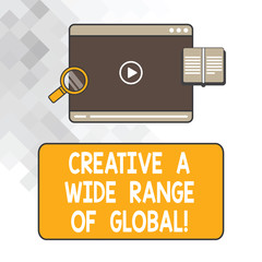 Fototapete - Writing note showing Creative A Wide Range Of Global. Business photo showcasing Spread creativity around the world Tablet Video Player Upload and Magnifying Glass Text Space