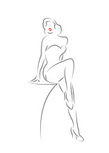 Sexy Woman Silhouette Diva Hollywood Drawn In Line Style, Vector Girl Outline Drawing Isolated In White Background, Burlesque Fashion Diva Pin Up Icon Style, Night Club Icon Concept 