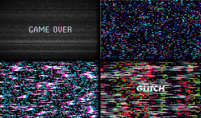 Glitch Texture pixel noise. Test TV Screen Digital VHS Background. Set of Error Computer Video. Abstract black Damage.