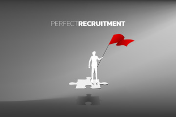 Poster - Silhouette of businessman with flag standing on jigsaw piece. Concept of perfect recruitment. Human Resource. put the right man on the right job.