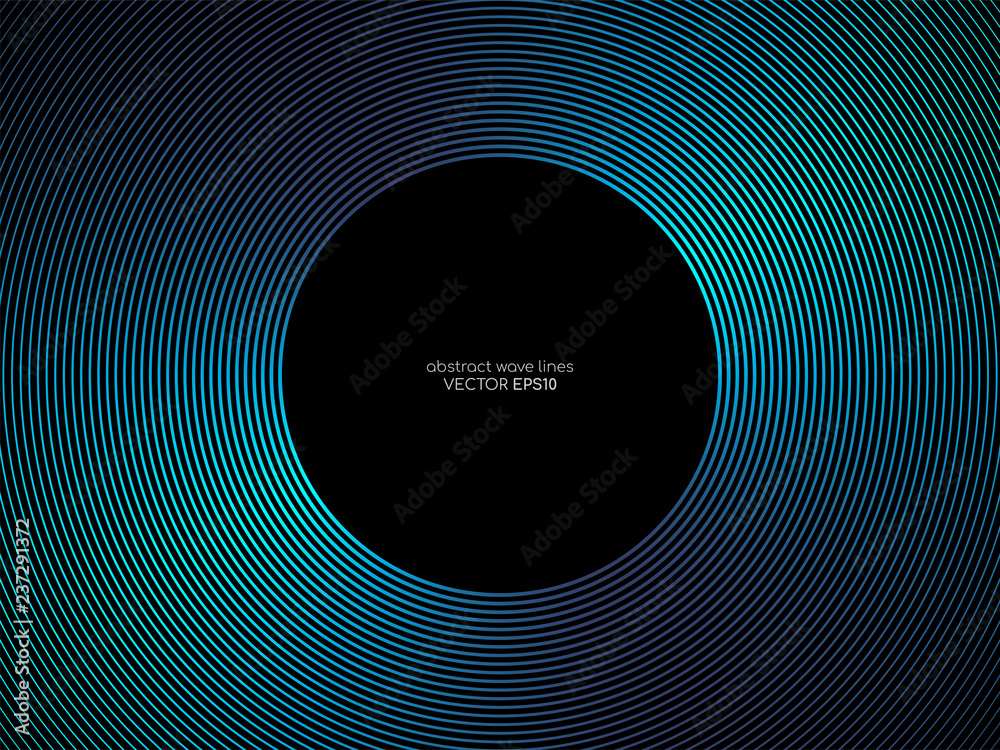 Vector circle lines pattern frame in green blue colors isolated on black background with empty space for your text. Technology, music concept. - obrazy, fototapety, plakaty 