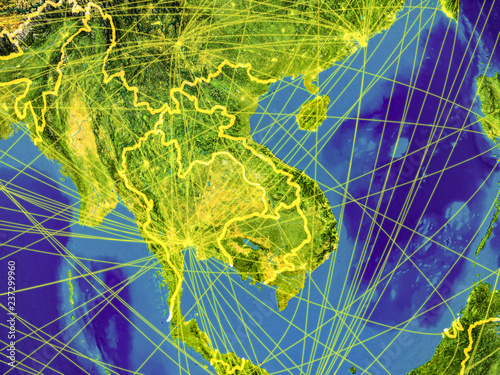 Fotografia Indochina from space on Earth with country borders and lines representing international communication, travel, connections