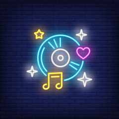 Wall Mural - Compact disk with music note neon sign. Party advertisement design. Night bright neon sign, colorful billboard, light banner. Vector illustration in neon style.