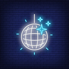Aufkleber - Disco ball with stars neon sign. Party or night club advertisement design. Night bright neon sign, colorful billboard, light banner. Vector illustration in neon style.