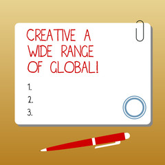 Fototapete - Writing note showing Creative A Wide Range Of Global. Business photo showcasing Spread creativity around the world Square Color Board with Magnet Click Ballpoint Pen and Clip
