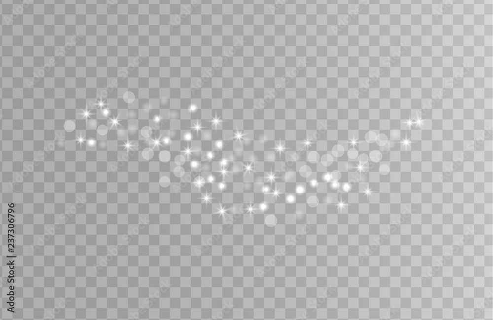 White sparks and silver stars glitter special light effect. Christmas Sparkling magic dust particles. Vector sparkles on transparent background.  - obrazy, fototapety, plakaty 