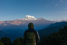 Mardi Himal Trek: A Man Watching The Sunrise At Annapurna.