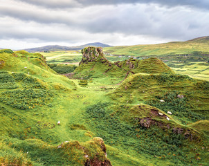Canvas Print - Famous mystic Fairy Glen, a green valley with romantic landscapes. Isle of Skye, Scotland.