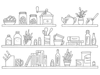 Wall Mural - Shelves set graphic black white isolated kitchenware sketch illustration vector