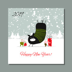 Wall Mural - Christmas card, santa pig in forest. Symbol of 2019