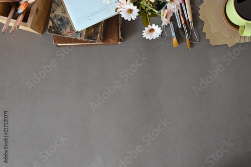 Desk Work Top View Workspace Books Coffee Flower Decoration On