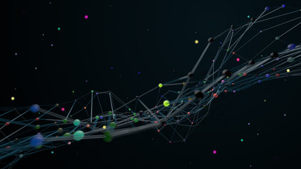 Poster - 3d render abstract polygonal geometry. Complex wireframe structure with reflective and emission node spheres. Perfect  for science,  technology background...