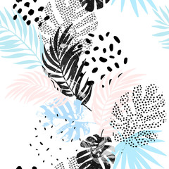 Sticker - Art illustration: rough grunge tropical leaves filled with marble texture, doodle elements background.