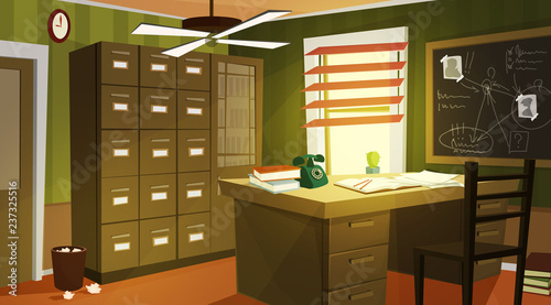 Fotomural Private detective office interior cartoon vector with retro telephone and papers on work desk, case for dossiers, chalkboard with schemes and suspects photos illustration
