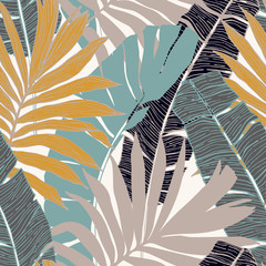 Hand drawn abstract tropical summer background : palm tree and banana leaves in silhouette, line art